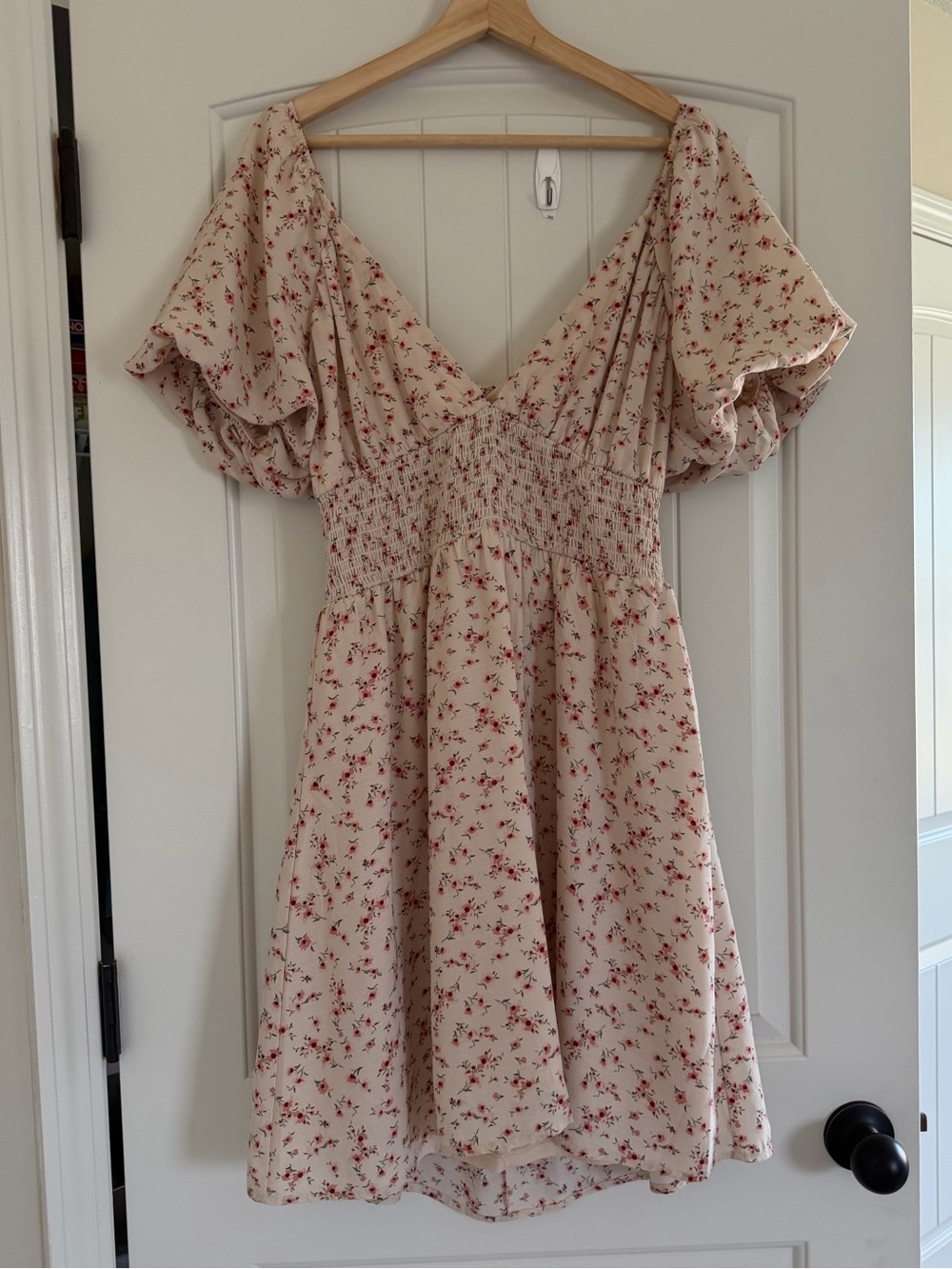 Dee Elly Floral Smocked Flutter Sleeve Mini Dress Double Tie Back XL Cream Pink